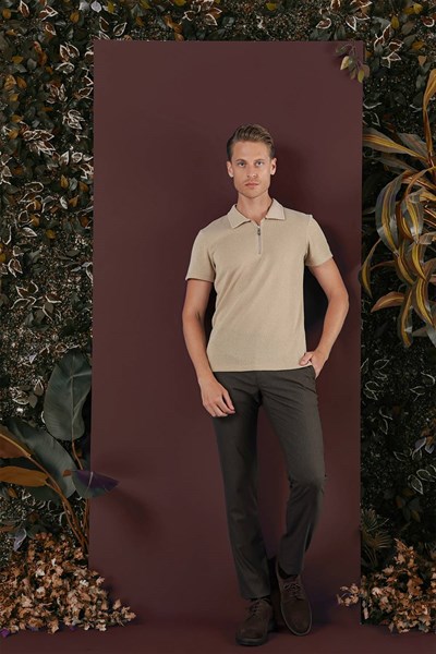 Slim Fit Esnek Yünlü İnce Çizgili Kahverengi Pantolon P 1136