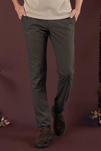 Slim Fit Esnek Yünlü İnce Çizgili Kahverengi Pantolon P 1136