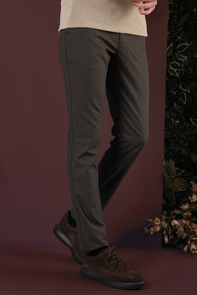 Slim Fit Esnek Yünlü İnce Çizgili Kahverengi Pantolon P 1136