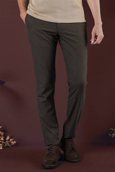 Slim Fit Esnek Yünlü İnce Çizgili Kahverengi Pantolon P 1136
