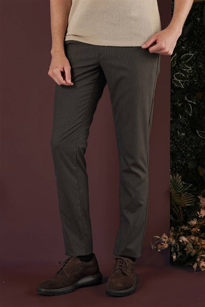 Slim Fit Esnek Yünlü İnce Çizgili Kahverengi Pantolon P 1136