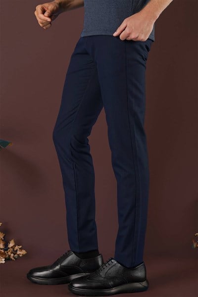 Slim Fit Esnek Yünlü İnce Çizgili Lacivert Pantolon P 1136