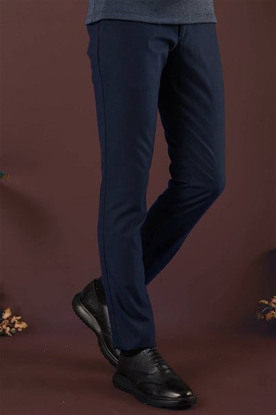 Slim Fit Esnek Yünlü İnce Çizgili Lacivert Pantolon P 1136