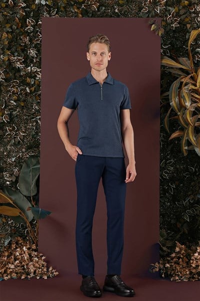 Slim Fit Esnek Yünlü İnce Çizgili Lacivert Pantolon P 1136