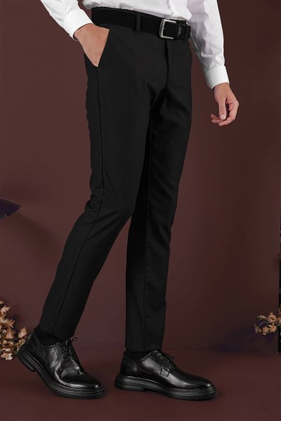 Slim Fit Esnek Yünlü İnce Çizgili Siyah Pantolon P 1136