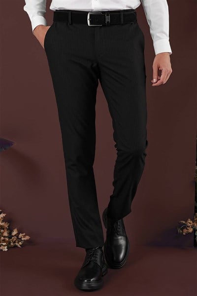 Slim Fit Esnek Yünlü İnce Çizgili Siyah Pantolon P 1136