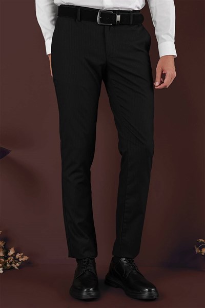 Slim Fit Esnek Yünlü İnce Çizgili Siyah Pantolon P 1136