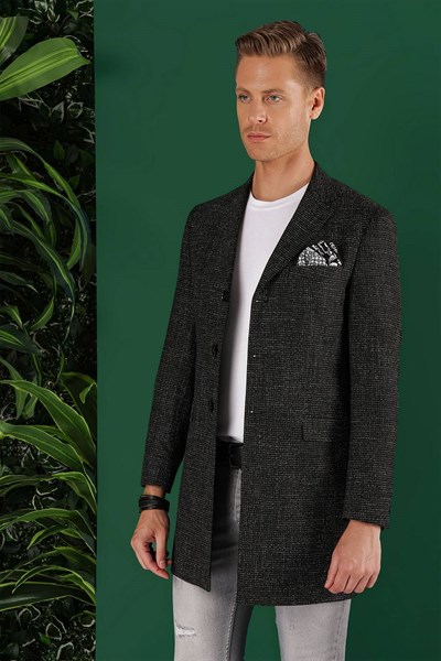 Slim Fit Esnek Yünlü Kaban Görünümlü Siyah Uzun Ceket 01
