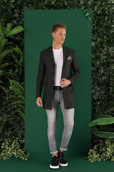 Slim Fit Esnek Yünlü Kaban Görünümlü Siyah Uzun Ceket 01