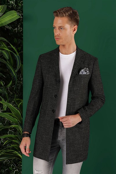 Slim Fit Esnek Yünlü Kaban Görünümlü Siyah Uzun Ceket 01