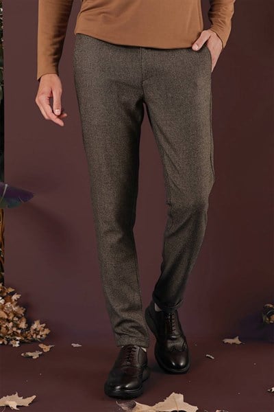 Slim Fit Esnek Yünlü Kırçıllı Dokuma Kahverengi Pantolon P 1138