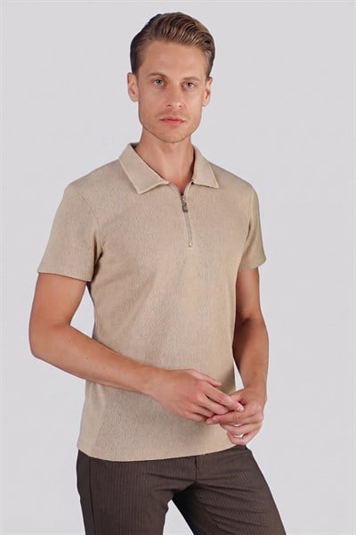 Slim Fit Fermuarlı Pamuklu Bej Polo Yaka Tişört Ts 871