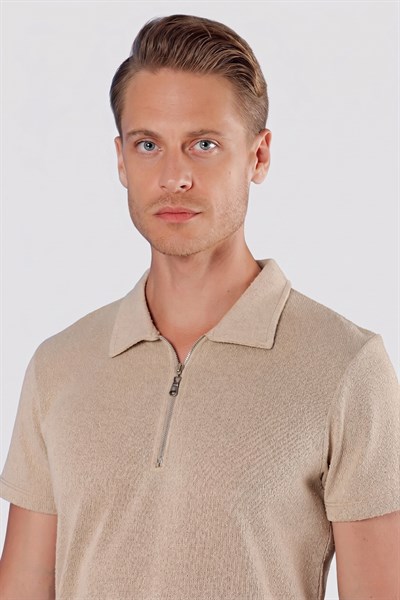 Slim Fit Fermuarlı Pamuklu Bej Polo Yaka Tişört Ts 871
