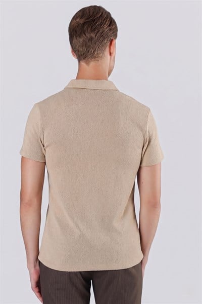 Slim Fit Fermuarlı Pamuklu Bej Polo Yaka Tişört Ts 871