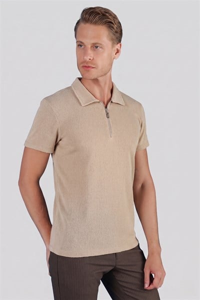 Slim Fit Fermuarlı Pamuklu Bej Polo Yaka Tişört Ts 871