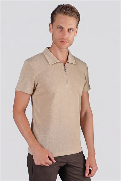 Slim Fit Fermuarlı Pamuklu Bej Polo Yaka Tişört Ts 871