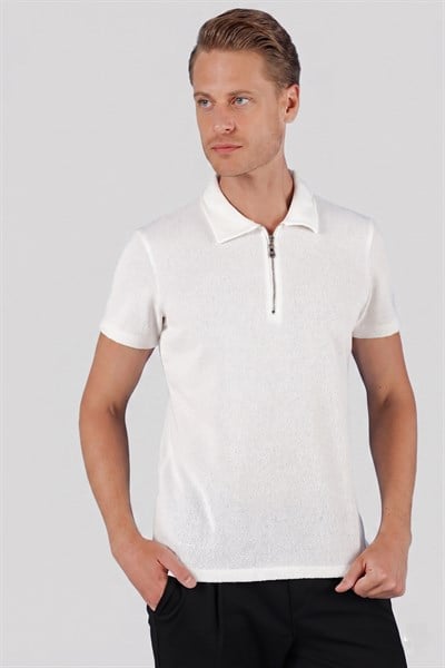 Slim Fit Fermuarlı Pamuklu Ekru Polo Yaka Tişört Ts 871