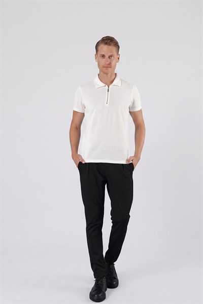 Slim Fit Fermuarlı Pamuklu Ekru Polo Yaka Tişört Ts 871