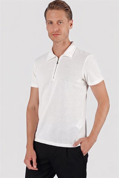 Slim Fit Fermuarlı Pamuklu Ekru Polo Yaka Tişört Ts 871