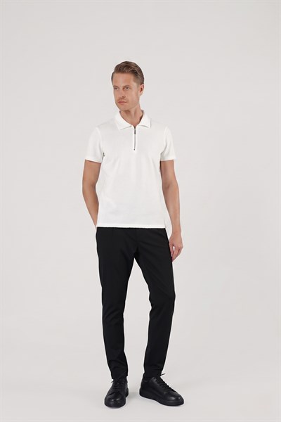 Slim Fit Fermuarlı Pamuklu Ekru Polo Yaka Tişört Ts 871