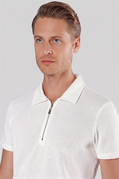 Slim Fit Fermuarlı Pamuklu Ekru Polo Yaka Tişört Ts 871
