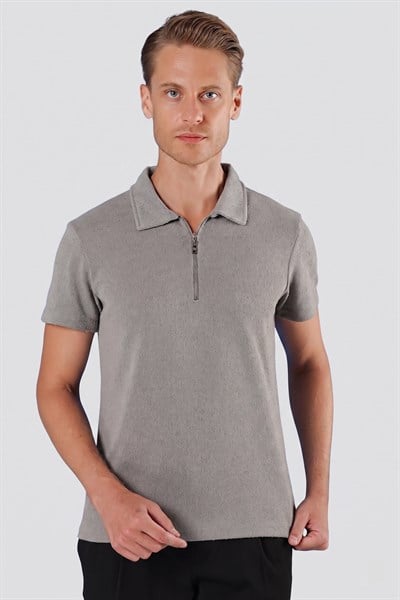 Slim Fit Fermuarlı Pamuklu Gri Polo Yaka Tişört Ts 871