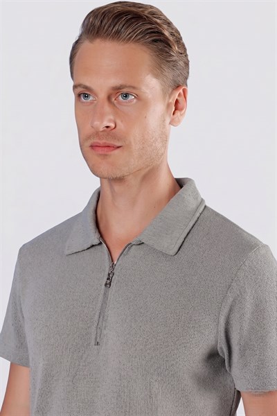 Slim Fit Fermuarlı Pamuklu Gri Polo Yaka Tişört Ts 871
