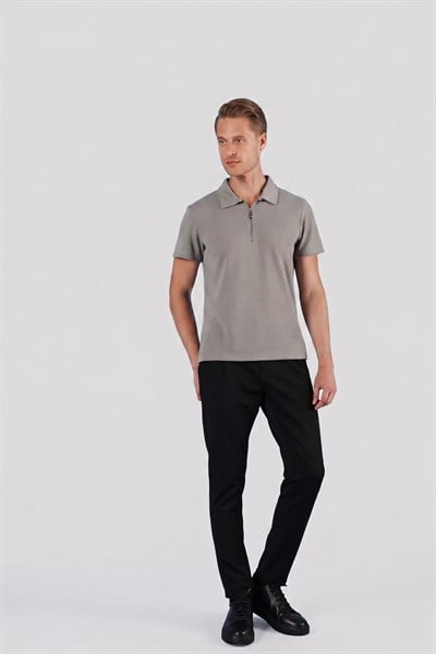 Slim Fit Fermuarlı Pamuklu Gri Polo Yaka Tişört Ts 871