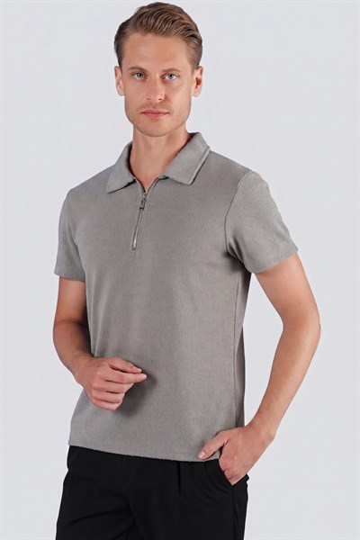 Slim Fit Fermuarlı Pamuklu Gri Polo Yaka Tişört Ts 871