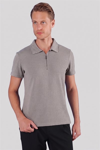 Slim Fit Fermuarlı Pamuklu Gri Polo Yaka Tişört Ts 871