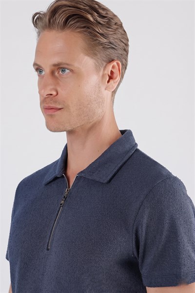 Slim Fit Pamuklu Fermuarlı Polo Yaka İndigo Tişört Ts 871