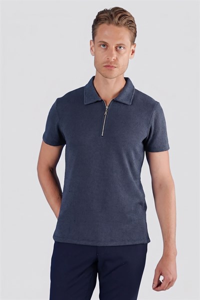 Slim Fit Pamuklu Fermuarlı Polo Yaka İndigo Tişört Ts 871