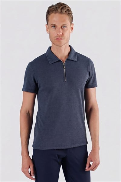 Slim Fit Pamuklu Fermuarlı Polo Yaka İndigo Tişört Ts 871