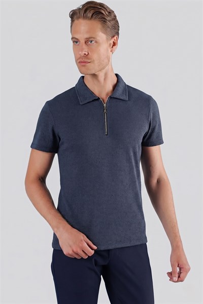 Slim Fit Pamuklu Fermuarlı Polo Yaka İndigo Tişört Ts 871