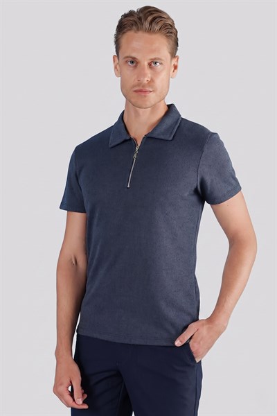 Slim Fit Pamuklu Fermuarlı Polo Yaka İndigo Tişört Ts 871