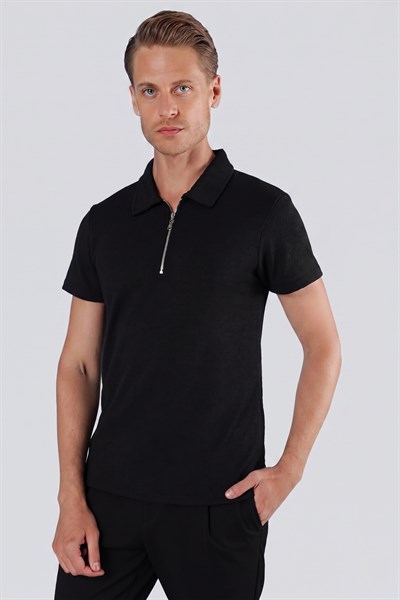 Slim Fit Pamuklu Fermuarlı Polo Yaka Siyah Tişört Ts 871