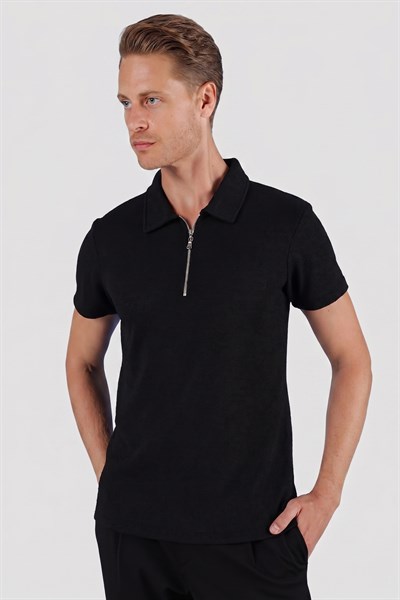Slim Fit Pamuklu Fermuarlı Polo Yaka Siyah Tişört Ts 871
