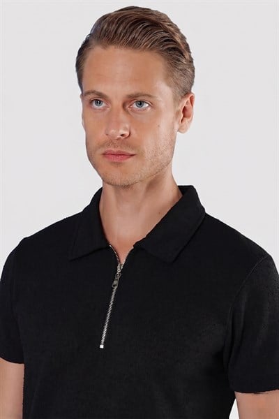 Slim Fit Pamuklu Fermuarlı Polo Yaka Siyah Tişört Ts 871