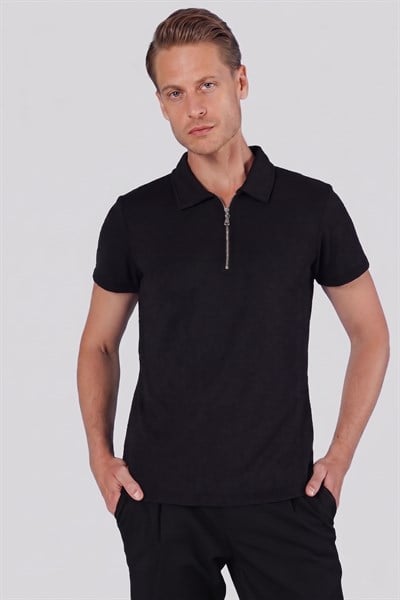 Slim Fit Pamuklu Fermuarlı Polo Yaka Siyah Tişört Ts 871