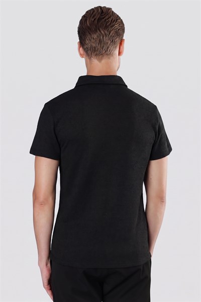 Slim Fit Pamuklu Fermuarlı Polo Yaka Siyah Tişört Ts 871