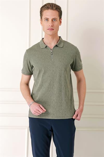 Slim Fit %100 Pamuk Fermuarlı Polo Yaka Haki Tişört TS 877