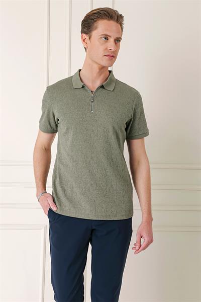 Slim Fit %100 Pamuk Fermuarlı Polo Yaka Haki Tişört TS 877