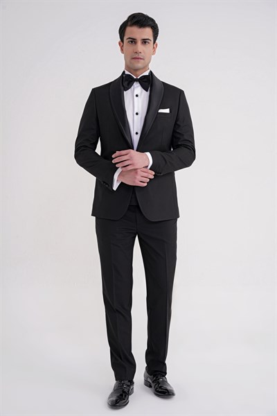 Slim Fit Fleto Cep Çıkarılabilir Saten Şal Yaka Siyah Damatlık Smokin Takım Black 086