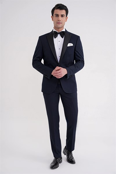 Slim Fit Fleto Cep Çıkarılabilir Saten Yaka Düz Lacivert Damatlık Smokin Takım Altro 032