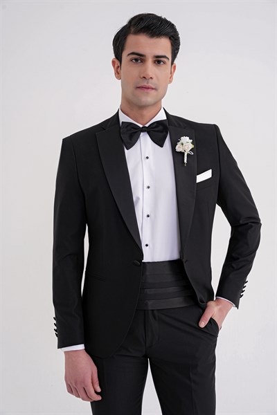 Slim Fit Fleto Cep Çıkarılabilir Saten Yaka Düz Siyah Damatlık Smokin Takım Altro 032