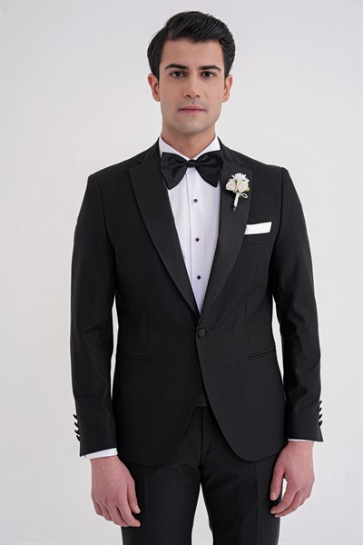 Slim Fit Fleto Cep Çıkarılabilir Saten Yaka Düz Siyah Damatlık Smokin Takım Altro 032