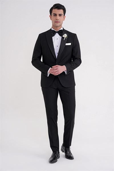 Slim Fit Fleto Cep Çıkarılabilir Saten Yaka Düz Siyah Damatlık Smokin Takım Altro 032