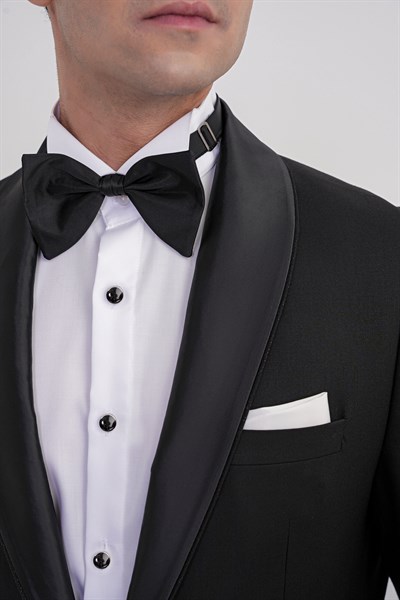 Slim Fit Fleto Cep Çıkarılabilir Saten Şal Yaka Siyah Damatlık Smokin Takım Black 086