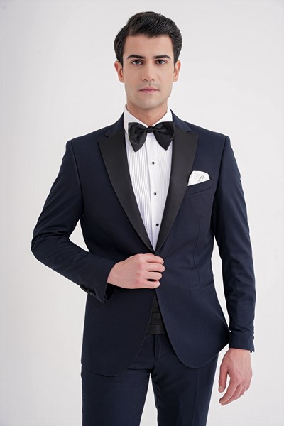 Slim Fit Fleto Cep Çıkarılabilir Saten Yaka Düz Lacivert Damatlık Smokin Takım Altro 032