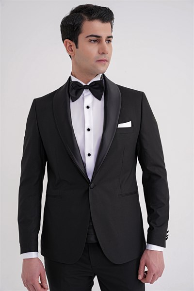 Slim Fit Fleto Cep Çıkarılabilir Saten Şal Yaka Siyah Damatlık Smokin Takım Black 086
